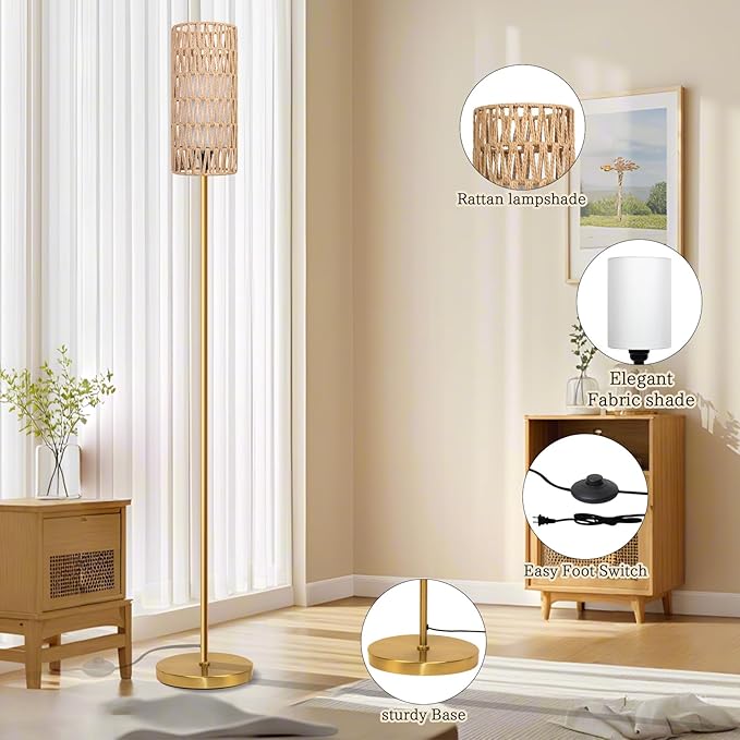 Ruiever Floor Lamp for Living Room,Farmhouse Floor lamp,Modern Standing lamp with Hand-Worked Rattan Shade (Round Rattan Shade Gold Color-3 Color Bulb)