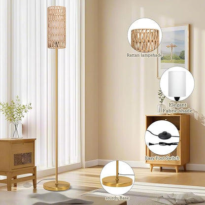 Ruiever Floor Lamp for Living Room,Farmhouse Floor lamp,Modern Standing lamp with Hand-Worked Rattan Shade (Round Rattan Shade Gold Color-3 Color Bulb)