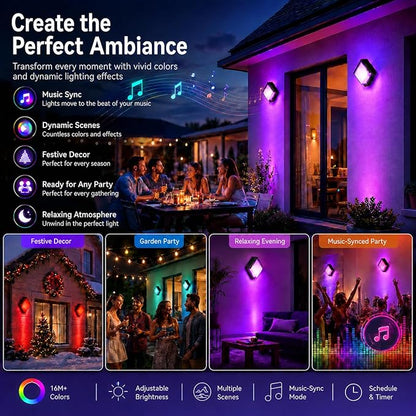 Meevt Smart Outdoor Wall Lights, 1200LM RGBCW Porch Lights, IP65 Waterproof Exterior Wall Sconce, Work with Alexa & Google Assistant, App & Remote Control Wall Lights for Patio, Garage, Square, 2 Pack