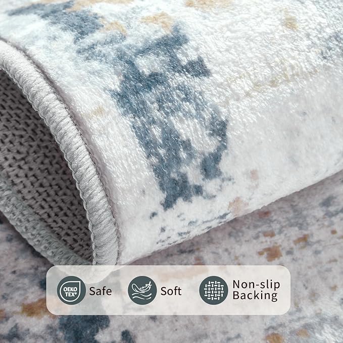 Rugxara Blue 8x10 Area Rugs,Large Soft Rugs for Living Room, Blue Washable Rug, Modern Abstract Rugs for Bedroom Dining Room, Non-Slip Foldable Thin Indoor Carpet Stain Resistant(Blue Beige)