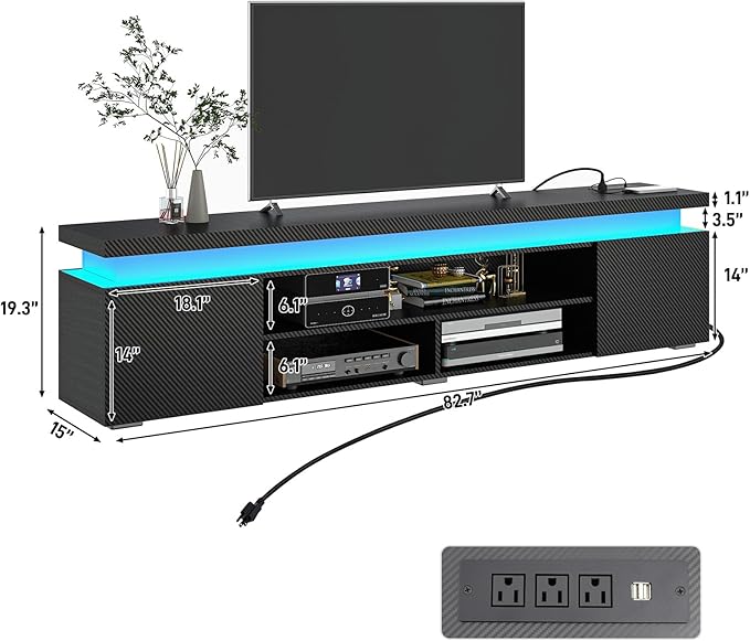 Hlivelood LED TV Stand for 95 Inch TV, Modern TV Stand with Power Outlet, TV Console Entertainment Center with Storage and LED Lights for Living Room, Bedroom (83 Inch, Black Carbon Fiber)