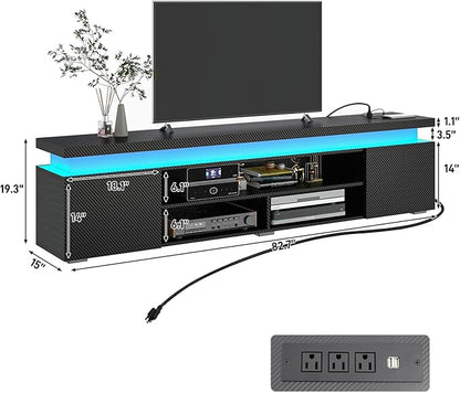 Hlivelood LED TV Stand for 95 Inch TV, Modern TV Stand with Power Outlet, TV Console Entertainment Center with Storage and LED Lights for Living Room, Bedroom (83 Inch, Black Carbon Fiber)