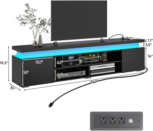 Hlivelood LED TV Stand for 95 Inch TV, Modern TV Stand with Power Outlet, TV Console Entertainment Center with Storage and LED Lights for Living Room, Bedroom (83 Inch, Black Carbon Fiber)