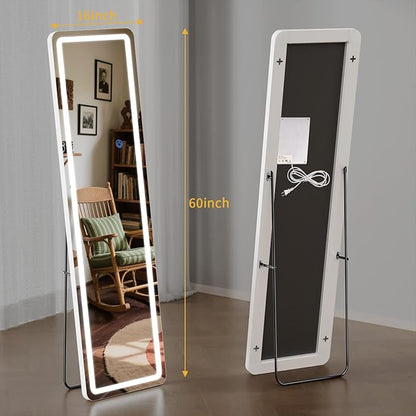 Standing Mirror Full Length with LED Lights, 60"x16" Lighted Mirror with Dimming & 3 Color Lighting, Tall Mirror Full Body for Bedroom, Dressing Room