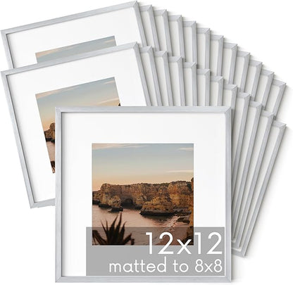 HAUS AND HUES 12x12 Silver Metal Picture Frames Matted to 8x8 - Features Premium Aluminum & Hanging Hardware, Shatterproof Plexiglass - Ideal for Home, Room, Office (12x12 in, Silver, Set of 25)