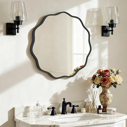HOMECOOKIN 24" Wavy Round Wall Mirror, Black Scalloped Circle Mirror Edge Round with Metal Frame, Modern Decorative Hanging/Leaning Mirrors for Bathroom, Hotels, Hallway, Entryway, Vanity, Office