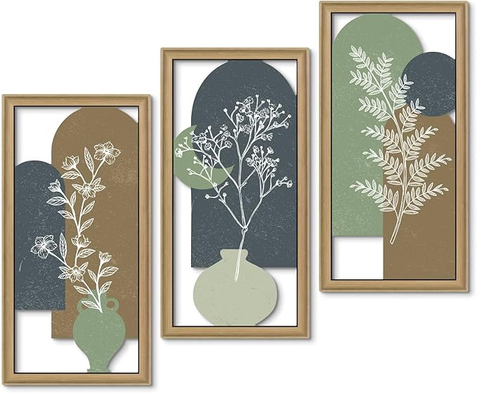 Putuo Decor Botanical Wall Decor Set of 3,Boho Plant Wall Art, Green Bohemian Abstract Wall Decor, Modern Neutral Wooden Frame Decor for Living Room Bedroom Office