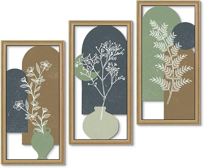 Putuo Decor Botanical Wall Decor Set of 3,Boho Plant Wall Art, Green Bohemian Abstract Wall Decor, Modern Neutral Wooden Frame Decor for Living Room Bedroom Office
