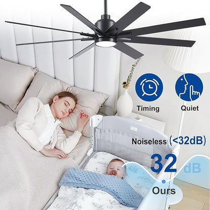 Rayqueen 62 Inch Large Ceiling Fans with Lights and Remote, Black Blades, 3CCT Dimmable LED, 6-Speed Reversible DC Motor, Ultra Quiet, 3 Timers for Living Room, Great Bedroom & Covered Outdoor