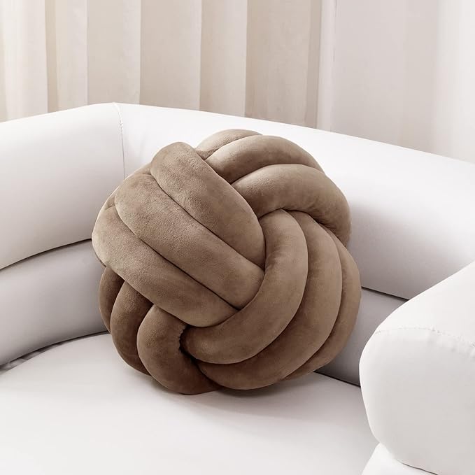 Sioloc Soft Knot Ball Pillows,Round Throw Pillow Cushion Home Decoration Plush Pillow,Throw Knotted Pillow Handmade Round Plush Pillow（7.8inches,Brown）