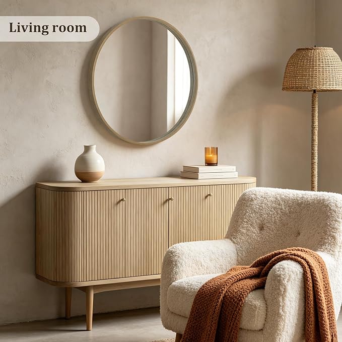 HOMECOOKIN Round Wood Mirror 28 inch Circle Mirror, Rustic Farmhouse Wooden Framed Natural Decorative Wall Decor, Vanity Wall Mirror for Bathroom, Bedroom, Entryway, Living Room (Honey)