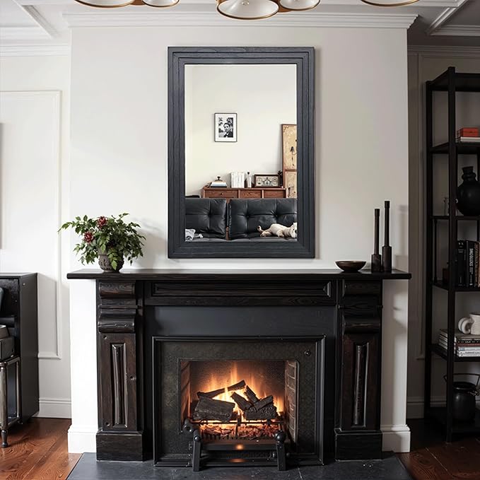 Wood Framed Mirrors for Wall, Black Bathroom Vanity Mirror for Over Sink 24 x 36, Vintage Wall Mirror for Bathroom Sink Hallway Entryway Bedroom Living Room Farmhouse Boho Style