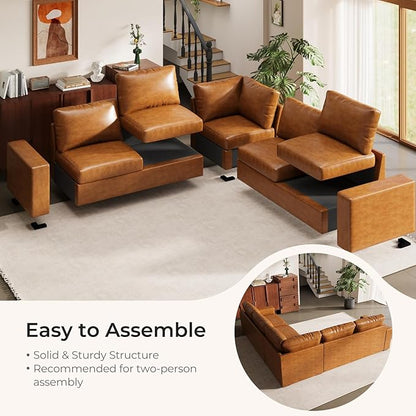 ELUCHANG 113" V-Shaped Modular Sectional Sofa Couch, Modern 5-Seat Premium Faux Leather Deep Seat Sofa with Corner, Removable Cover, Easy Assembly, Large Sofas & Couches for Living Room, Office, Brown