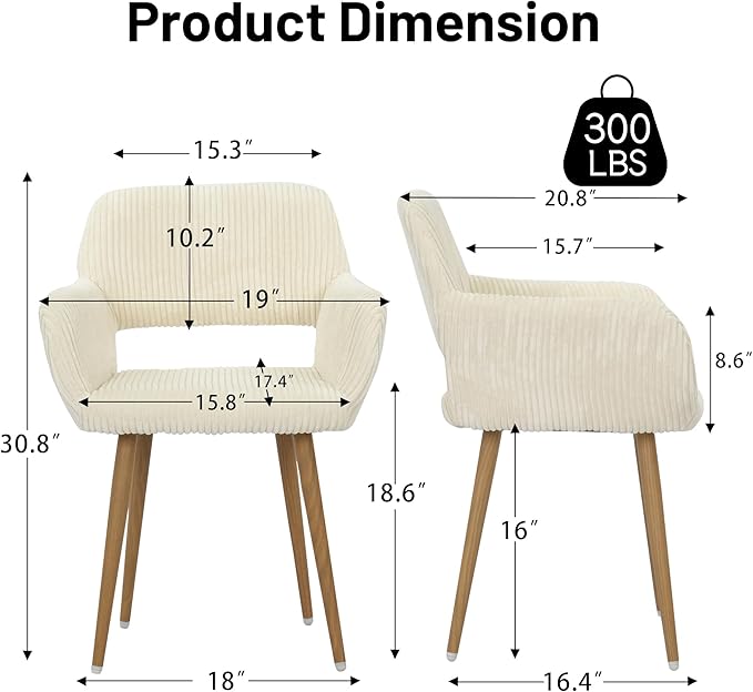 KCC Small Modern Dining Room Arm Chairs Set of 2, Mid-Century Upholstered Corduroy Fabric Side Seat Club Guest with Metal Tube Legs for Kitchen, Living Room, Beige