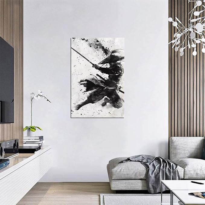 Japanese Samurai Wall Art Samurai Figure Sword Warrior Wall Posters Black and White Combat Picture Modern Watercolor Painting for Living Room Office Japan Themed Dorm Man Cave Decor (28''W x 44''H)