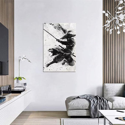 Japanese Samurai Wall Art Samurai Figure Sword Warrior Wall Posters Black and White Combat Picture Modern Watercolor Painting for Living Room Office Japan Themed Dorm Man Cave Decor (24''W x 36''H)