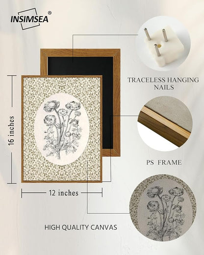 InSimSea Framed Canvas Prints Art Vintage Decor, Classical Neutral Floral Painting, Rustic Cottage Roses Flower Nursery Wall Art for Living Room Bedroom Home Bathroom Wall Decor, 12x16inch