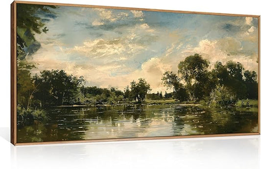 Aryroi Vintage Landscape Framed Canvas Wall Art Set,Rustic Natural Green Trees and Lake Wall Decor,Classic Nature Scenic French Country Forest Artwork for Living Room,Bedroom,Farmhouse-40 x20 x1