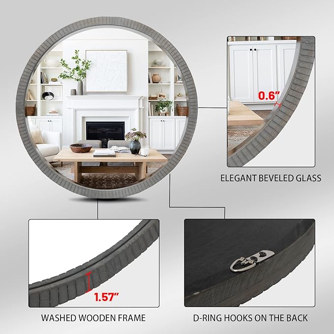 35" Round Wood Mirror, Rustic Circle Wall Mirror with Beveled, Wooden Round Mirrors for Wall Decor, Decorative Wall-Mounted Mirrors for Entryway, Living Room, Washed Gray Frame