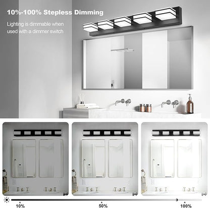 GOODATE 3 Color Temperature Dimmable Vanity Lighting Fixtures, LED Black 5 Light Bathroom Vanity Light Fixtures, Acrylic Stainless Steel Square Shade Vanity Lights for Bathroom, ETL Certificated