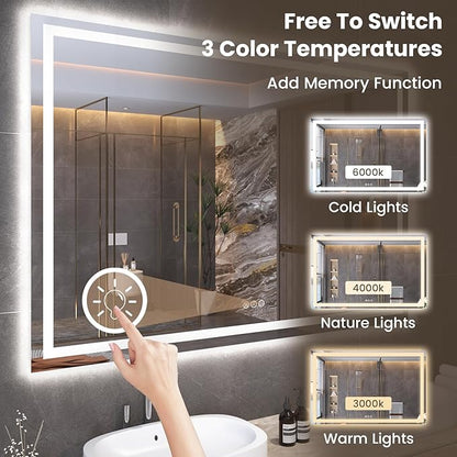 Snowdool 60"X30" LED Bathroom Mirror with Front Lights and Backlit, Anti-Fog, Dimmable, Shatter-Proof Tempered Glass, Lighted Bathroom Vanity Mirror for Wall with 3 Colors, Memory Function