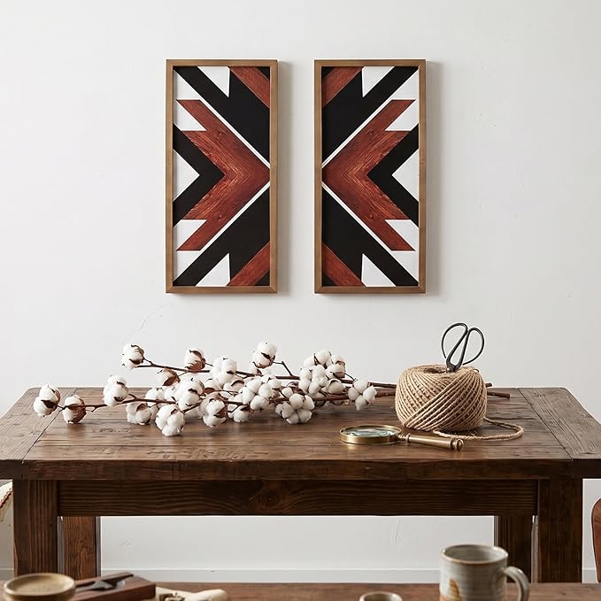 flangairy Southwestern Aztec Wall Decor Native American Wood Wall Art Boho Framed Navajo Tribal Western Modern Boho For Home Living Room Bedroom Bohemian Geometric Frames Hanging Decorations