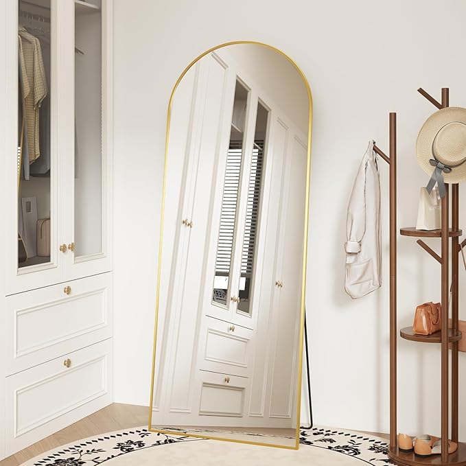 Sweetcrispy 56"x21" Arched Full Length Mirror, Full Body Mirror with Aluminum Alloy Thin Frame, Leaning or Standing, Suitable for Bedroom, Livingroom, Cloakroom, Gold