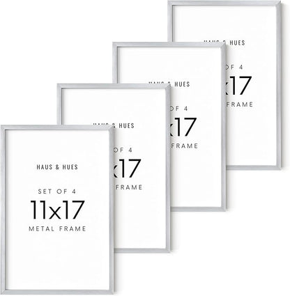 HAUS AND HUES 11x17 Silver Metal Picture Frames - Features Premium Aluminum, Vertical & Horizontal Hang, Shatterproof Plexiglass - Perfect for Home, Room, Office (11x17 in, Silver, Set of 4)