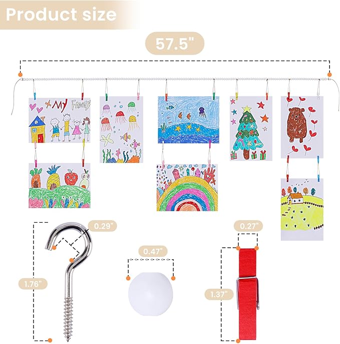 KLOGTSIND Kids Art Display Wall Decor, Wooden Beads Garland Frame Holder with 34 Clips for kids artwork, Photo, Wall Hanging Boho Room Bedroom Decor