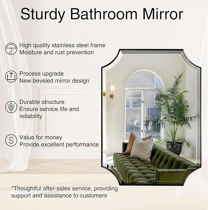 POZINO Bathroom Beveled Mirror, 24"x36" Vanity Mirror with Stainless Steel Frame, Matte Black Rounded Corner Rectangle Wall Mirrors for Living Room Bedroom Entryway, Horizontal or Vertical Hanging