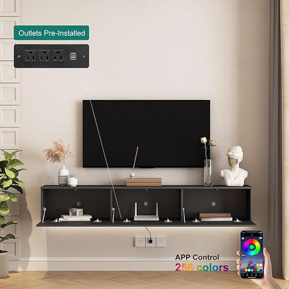 KEIKI 11.8" H x 68.8" L Floating TV Stand Wall Mounted with 16 Color LEDs & Power Outlets for TVs Up to 70 Inch, Wooden Media Console Entertainment Center Television Table Cabinet for Living Room