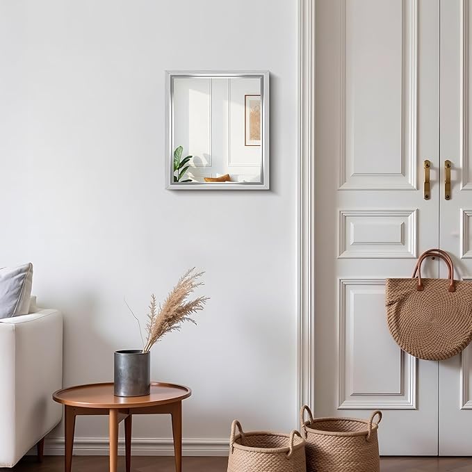 CIRCUMI 14"x16" Brushed Silver Mirror with Chunky Box Metal Frame, Bathroom Mirror for Vanity Remodel & New Home, Living Room, Entryway, Rectangular Wall Mirror, Tempered Glass, Vertical or Horizontal