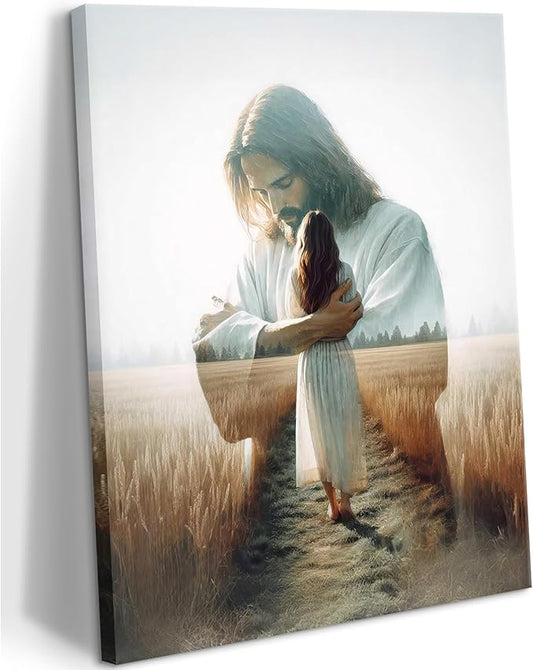 Jesus Hugging Woman Canvas Wall Art Jesus And Girl Painting picture Wall Decor religion Christian Healing Embrace Bible Stories Poster Print Artwork for Church LDS bedroom Living Decor 12x16in Canvas