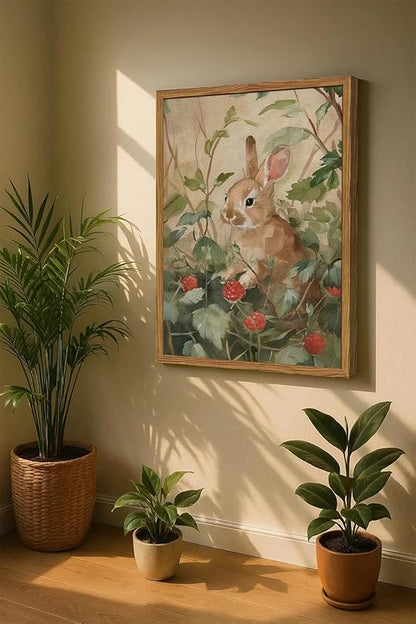 Framed Vintage Rabbit Wall Art, Cute Bunny Pictures Wall Decor, 3D Textured Sandstone Rustic Animal Botanical Paintings Prints Cottagecore Home Decor for Living Room Bedroom Nursery 16x24 inch