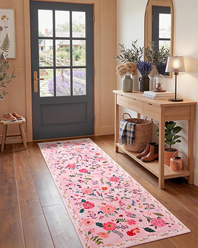 Macgace Pink Floral Runner Rug, 2.5x8 Flowers Printed Washable Rugs with Non Slip Backing for Girls Bedroom Kitchen Hallway, Cute Carpet Runners Home Aesthetic Decor