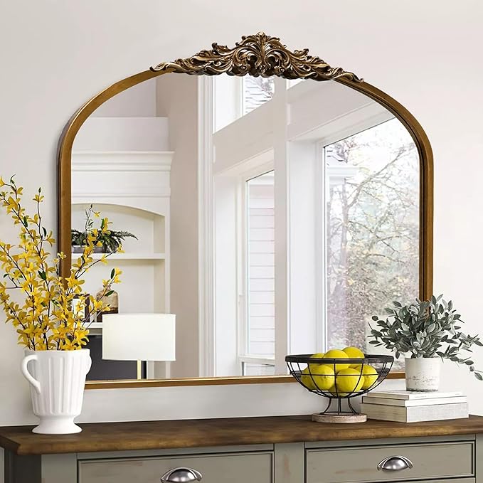 36''x29'' Antique Gold Arched Wall Mirror with Metal Flower Carving Frame, Small Vintage Retro Baroque Mirror Ornate, Vanity Mirror for Bathroom, Fireplace,Entryway, Living Room (Vintage Gold,)