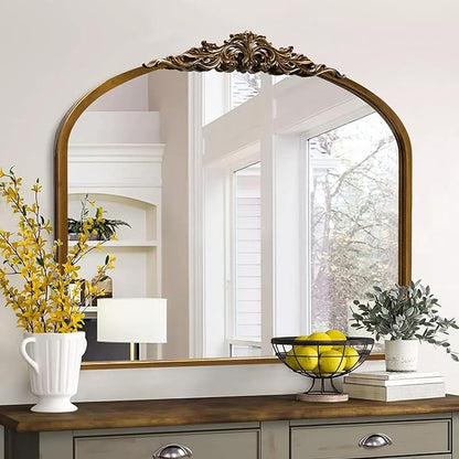 36''x29'' Antique Gold Arched Wall Mirror with Metal Flower Carving Frame, Small Vintage Retro Baroque Mirror Ornate, Vanity Mirror for Bathroom, Fireplace,Entryway, Living Room (Vintage Gold,)