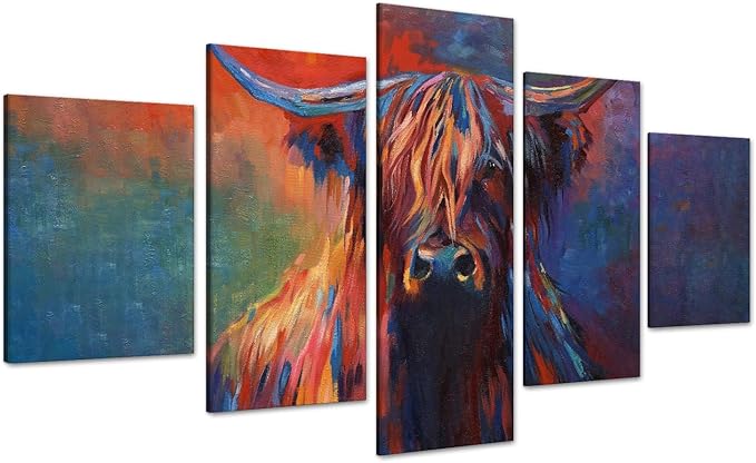 Highland Cow Canvas Wall Art Cow Pictures Modern Abstract Oil Painting on Canvas 5 Panels for Home Decor Living Room, Framed 60L x 32W