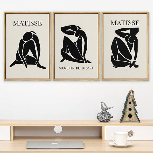 SIGNLEADER Framed Canvas Print Wall Art Set Duotone Matisse Nude Dancer Portrait Trio Abstract Shapes Illustrations Modern Art Boho Decorative for Living Room, Bedroom, Office - 16"x24"x3 NATURAL