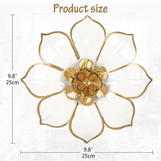 Metal Flowers Wall Decor White and Gold Wall Art Decorations Hanging Rustic Modern Floral Sculpture Single Wall Accent Artwork Indoor Outdoor for Bedroom Living Room Garden Patio Porch 10 Inch