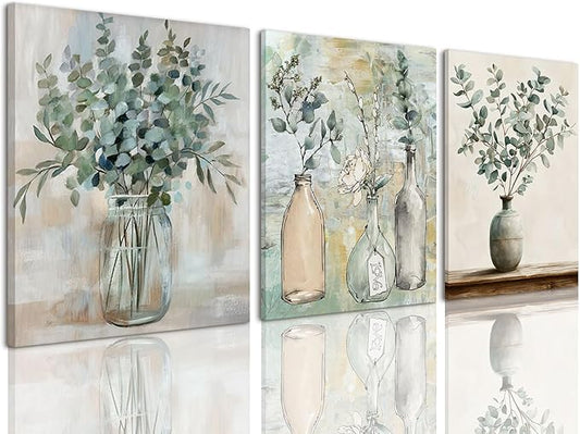 AOYUSMO 3 Piece Sage Green Eucalyptus Vase Canvas Wall Art for Kitchen Boho Botanical Framed Wall Art Floral Farmhouse Neutral Prints Artwork For Dining Room Living Room 12"x16"