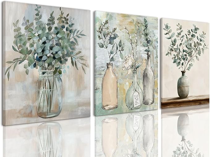 AOYUSMO 3 Piece Sage Green Eucalyptus Vase Canvas Wall Art for Kitchen Boho Botanical Framed Wall Art Floral Farmhouse Neutral Prints Artwork For Dining Room Living Room 16"x24"