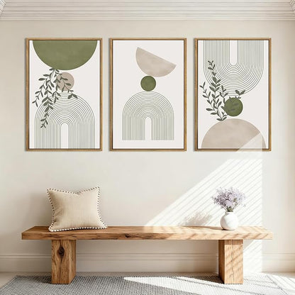 ANHUIB Boho Abstract Wall Art Canvas,Sage Green Wall Decor Framed,Geometric Line Art Prints Leaves,Minimalist Artwork Botanical,3 Piece 16x24In Beige Nature Painting for Living Room Bedroom
