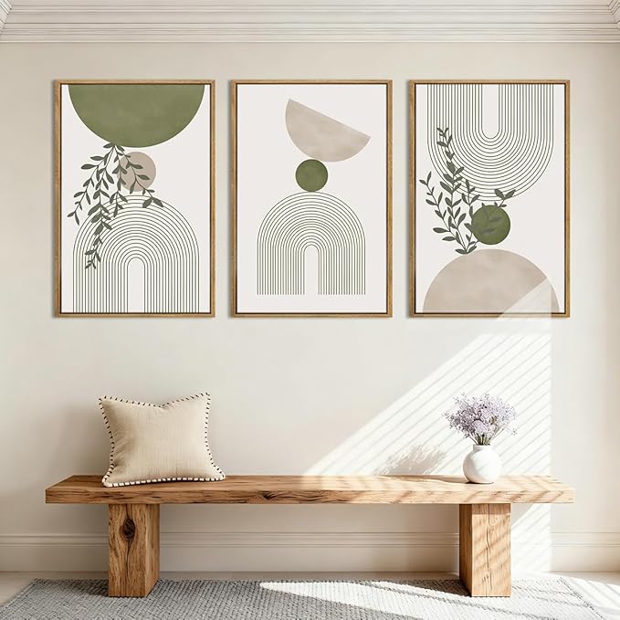 ANHUIB Boho Abstract Wall Art Canvas,Sage Green Wall Decor Framed,Geometric Line Art Prints Leaves,Minimalist Artwork Botanical,3 Piece 24x36In Beige Nature Painting for Living Room Bedroom