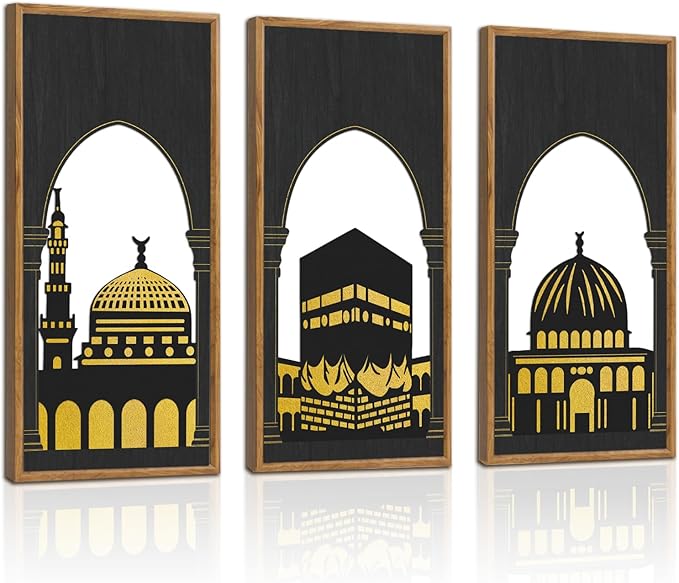 KAIRNE Eid al-Fitr Wooden Wall Art,3pcs 8”X16” Islamic Festival Decorations,Muslim Home Hanging Decor,Framed Mosque Wall Sculptures,Eid Ramadan Kareem Decoration,Rustic Religious Artwork Gift for Friend Family Living Room Bedroom Decor