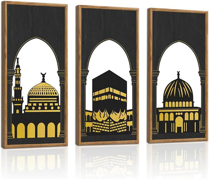 KAIRNE Eid al-Fitr Wooden Wall Art,3pcs 8”X16” Islamic Festival Decorations,Muslim Home Hanging Decor,Framed Mosque Wall Sculptures,Eid Ramadan Kareem Decoration,Rustic Religious Artwork Gift for Friend Family Living Room Bedroom Decor