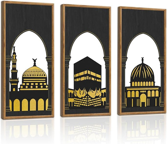 KAIRNE Eid al-Fitr Wooden Wall Art,3pcs 8”X16” Islamic Festival Decorations,Muslim Home Hanging Decor,Framed Mosque Wall Sculptures,Eid Ramadan Kareem Decoration,Rustic Religious Artwork Gift for Friend Family Living Room Bedroom Decor