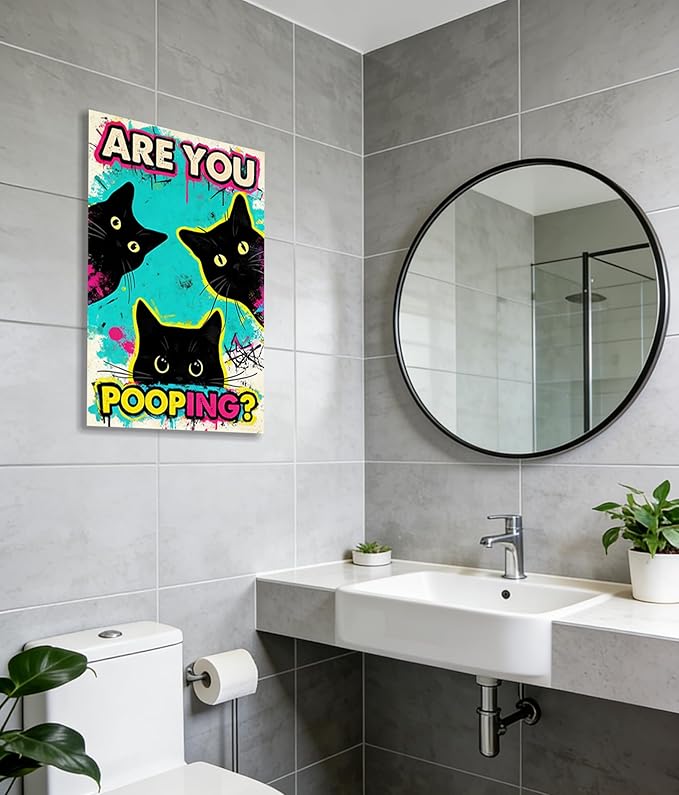 DUFIPOR Funny Black Cat Bathroom Wall Art, Are You Pooping? Graffiti Pop Art Canvas Prints, 16x24 Inch Humorous Bathroom Decor for Washroom Restroom, Trendy Cat Lover Gifts for Bathroom Wall Decor