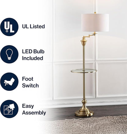 JONATHAN Y 60" Brass Gold Floor Lamp with Integrated Glass Side Table, Modern Swing Arm Standing Lamp for Living Room, White Linen Shade, LED Bulb Included JYL3055A