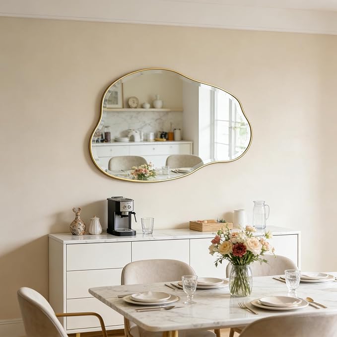 POZINO Irregular Beveled Mirror, 42"x28" Asymmetrical Bathroom Vanity Mirror with Gold Metal Frame, Cloud Shaped Wall Mirrors for Living Room Bedroom Hallway Entryway, Horizontal/Vertical Hanging